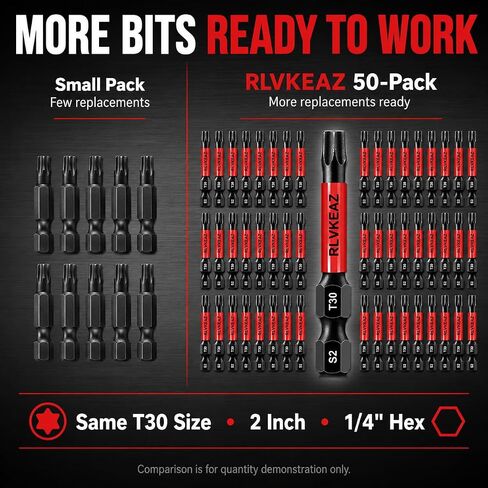 50-Pack T30 Torx Bit, RLVKEAZ 2-Inch Magnetic T30 Bits for Impact Driver | S2 Alloy Steel T30 Star Bits for Drill, CNC-Machined Tips, 1/4-Inch Hex Shank for Decking, Framing, Subfloor Work in Kuwait