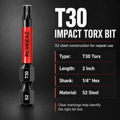 50-Pack T30 Torx Bit, RLVKEAZ 2-Inch Magnetic T30 Bits for Impact Driver | S2 Alloy Steel T30 Star Bits for Drill, CNC-Machined Tips, 1/4-Inch Hex Shank for Decking, Framing, Subfloor Work in Kuwait