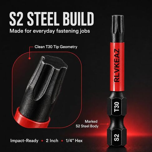 50-Pack T30 Torx Bit, RLVKEAZ 2-Inch Magnetic T30 Bits for Impact Driver | S2 Alloy Steel T30 Star Bits for Drill, CNC-Machined Tips, 1/4-Inch Hex Shank for Decking, Framing, Subfloor Work in Kuwait