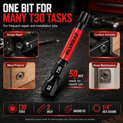 50-Pack T30 Torx Bit, RLVKEAZ 2-Inch Magnetic T30 Bits for Impact Driver | S2 Alloy Steel T30 Star Bits for Drill, CNC-Machined Tips, 1/4-Inch Hex Shank for Decking, Framing, Subfloor Work in Kuwait
