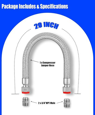 Industrial Grade 3/4" NPT Compressor Jumper Hose 20", Stainless Steel Flexible Air Line,360° Swivel Ends, 450 PSI&750°F High Temp & Pressure Resistance for Compressed Air Systems in Kuwait