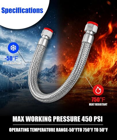 Industrial Grade 3/4" NPT Compressor Jumper Hose 20", Stainless Steel Flexible Air Line,360° Swivel Ends, 450 PSI&750°F High Temp & Pressure Resistance for Compressed Air Systems in Kuwait