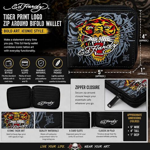 ED HARDY Tiger Print Logo Zip Around Bifold Wallet (Black) in Kuwait