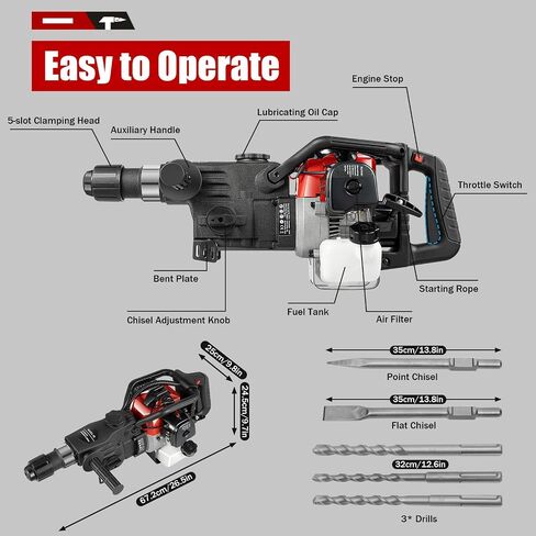 Hammer Drilling Machine，32.7CC 2-stroke High Power Engine Gas Powered Concrete Breaker 3 in 1 Multi-function Power Impact Hammer Pick Heavy Duty Electric Demolition Concrete Breaker in Kuwait