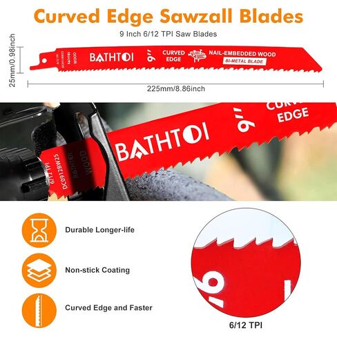 25 Pack 9 Inch 6/12 Tpi Curved Edge Reciprocating Saw Blades for Wood | for Wood & Nail-Embedded Wood, Bi-Metal Sawzall Blades, Dual Tooth Design, with 8% Cobalt, Longer Life & Faster Cutting Speed in Kuwait