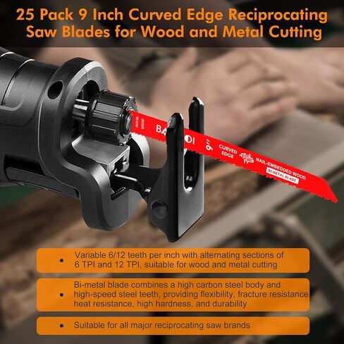 25 Pack 9 Inch 6/12 Tpi Curved Edge Reciprocating Saw Blades for Wood | for Wood & Nail-Embedded Wood, Bi-Metal Sawzall Blades, Dual Tooth Design, with 8% Cobalt, Longer Life & Faster Cutting Speed in Kuwait