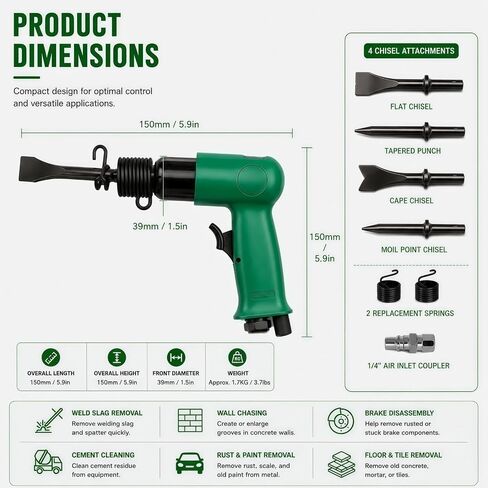 Pneumatic Air Chisel Kit 4500 BPM, Air Hammer Tool with 4 Chisels & 2 Springs, Heavy Duty for Rust Removal, Weld Slag, Bolt/Concrete Chipping, Auto Repair in Kuwait