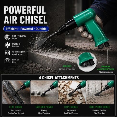 Pneumatic Air Chisel Kit 4500 BPM, Air Hammer Tool with 4 Chisels & 2 Springs, Heavy Duty for Rust Removal, Weld Slag, Bolt/Concrete Chipping, Auto Repair in Kuwait