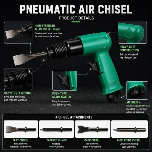 Pneumatic Air Chisel Kit 4500 BPM, Air Hammer Tool with 4 Chisels & 2 Springs, Heavy Duty for Rust Removal, Weld Slag, Bolt/Concrete Chipping, Auto Repair in Kuwait