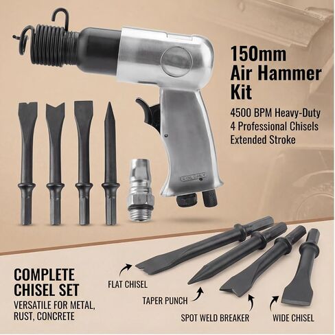 150mm Air Hammer Kit, 4500 BPM Heavy-Duty Pneumatic Hammer | 4 Professional Chisels, Extended Stroke Air Chisel Tool, Automotive Metal Work, Rust Removal, Concrete Scraping in Kuwait