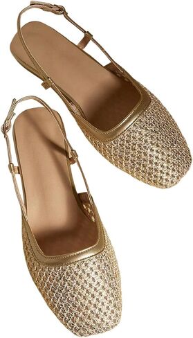 GORGLITTER Women's Gold Raffia Slingback Ballet Flats Dressy Braided Square Closed Toe Business Casual Dress Ballerina Shoes in Kuwait