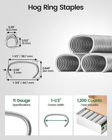 meite 11 Gauge Hog Rings, Galvanized 1-1/2" Crown 1,200 Counts | 11GA Hog Ring Staples 1-3/4" Outer Crown for meite MT-HC45 Hog Ring Pliers, Ideal for Gabions, Barbed Wire and Rebar in Kuwait