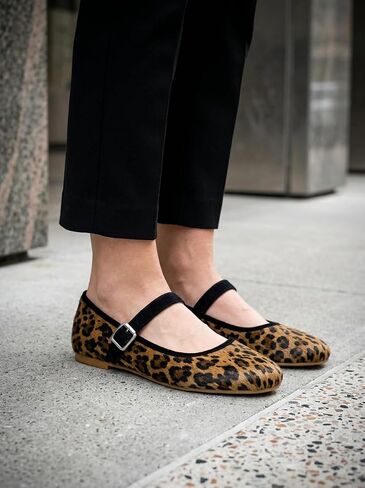 Women's Leopard Print Mary Jane Flats - Black Lace-Up Tie Bow Ballet Shoes Faux Animal Print Vintage Comfortable Casual Flat in Kuwait