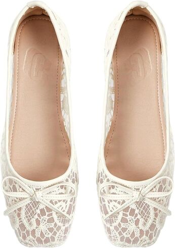 GORGLITTER Women's Lace Ballet Flats Bowknot Sheer Mesh Closed Toe Wedding Party Dressy Ballerina Shoes in Kuwait
