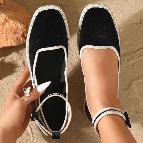 Black Women Ankle Strap Espadrille Flats, Square Toe Contrast Trim Soft Faux Suede Ballet Flats, Adjustable Buckle Closed Toe Casual Walking Dress Shoes in Kuwait