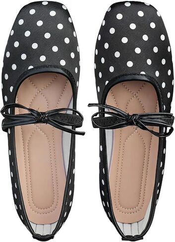 GORGLITTER Women's Polka Dots Ballet Flats Dressy Bow Closed Square Toe Ballerina Shoes Casual Work Dress Shoes in Kuwait