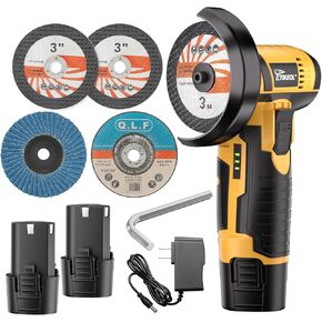 12V Cordless Angle Grinder, 3-Inch Mini Angle Grinder with 19500RPM Pure Copper Motor, 2 x 2000mAh Batteries & Grinding Discs, Lightweight Cutting Tool for Metal & Wood (YELLOW) in Kuwait
