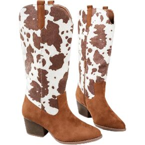 Women’s Western Cowboy Boots – Classic Cowgirl Boots with Brown Embroidery, Pointed Toe, Block Heel, Knee High Rodeo Boots for Country Fashion in Saudi Arabia