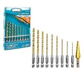 Hex Shank Drill Bit Set - 10 Pcs HSS Titanium Twist Drill Bit for Metal, Steel, Wood and Plastic, 1/4 inch Hex Shank, 1/16"-3/16" Drill Bits Jobber Length with 3/16" to 1/2" Step Drill Bit in Kuwait