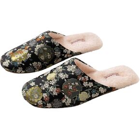Women's Embroidered Satin Slippers Oriental Floral Brocade House Shoes Warm Plush Lined Slip On Indoor Mules in Kuwait