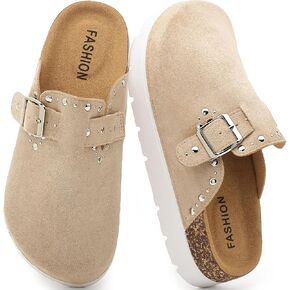 Platform Clogs for Women Cork Footbed Suede Mules, Arch Support Memory Foam Slip On Clogs, Adjustable Buckle Studded Closed Toe Walking Slippers, Comfort Chunky Thick Sole Womens Clogs Potato Shoes in Saudi Arabia