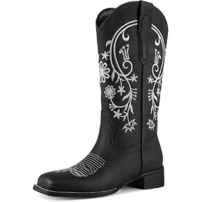 UJPFEO Cowboy Boots for Women Mid Calf Cowgirl Boots Square Toe Pull On Low Chunky Heel Embroidery Western Boots in Kuwait