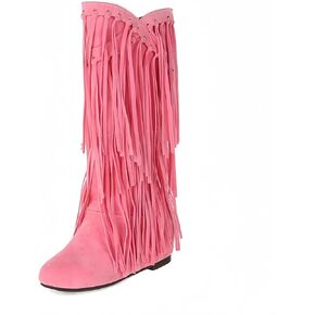 Women's Suede Fringe Boots Western Style Tassel Riding Cowgirl Booties Pull on Mid Calf Fashion Boots for Autumn Winter in Kuwait