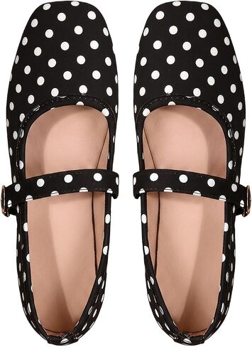 BEAUDRM Women's Polka Dots Ballet Flats Closed Square Toe Slip on Ballerina Shoes with Strap in Kuwait