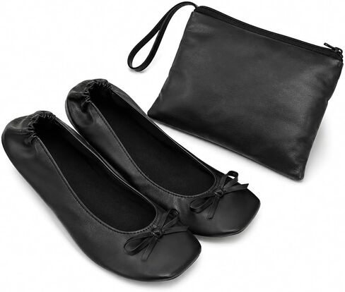 Foldable Flats for Women Black Fold Up-Flats for Travel Office, Ballet Flats Shoes for Purse, with Zipper Pouch, US 8-8.5 (248mm) in Kuwait