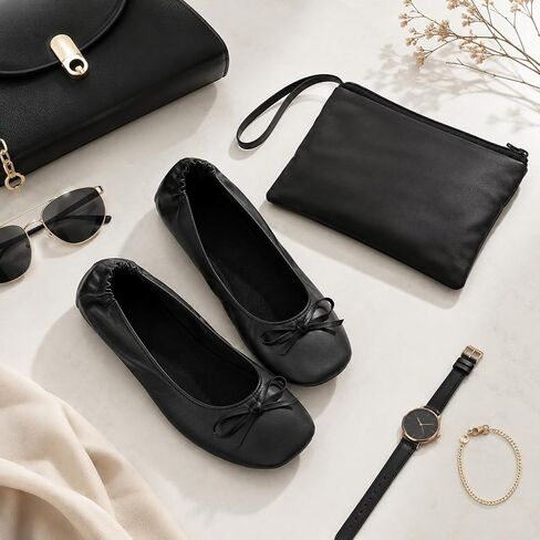 Foldable Flats for Women Black Fold Up-Flats for Travel Office, Ballet Flats Shoes for Purse, with Zipper Pouch, US 8-8.5 (248mm) in Kuwait
