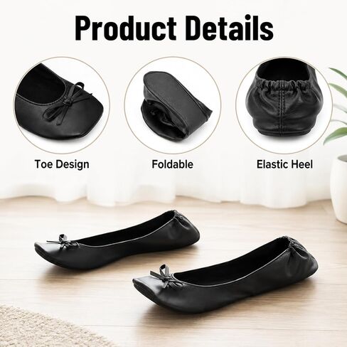 Foldable Flats for Women Black Fold Up-Flats for Travel Office, Ballet Flats Shoes for Purse, with Zipper Pouch, US 8-8.5 (248mm) in Kuwait