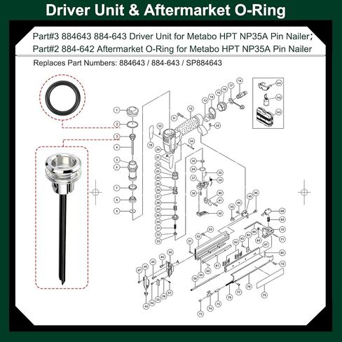884643 Aftermarket Driver Complete for Hitachi NP35A NP 35A Pin Nailer, Replacement Driver Unit with O- Ring 884642 for Metabo HPT NP35A NP35AM Pin Nailer, Replaces Part no. 884-643, SP 884-643 in Kuwait