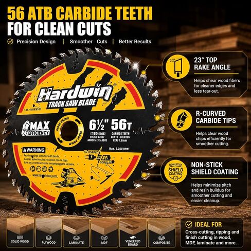 6-1/2" Track Saw Blade 56T 20mm Arbor Thin Kerf | Thin kerf 1.8mm carbide tipped blade for plunge & track saws. Clean cuts on wood, laminate, MDF & plywood. in Kuwait
