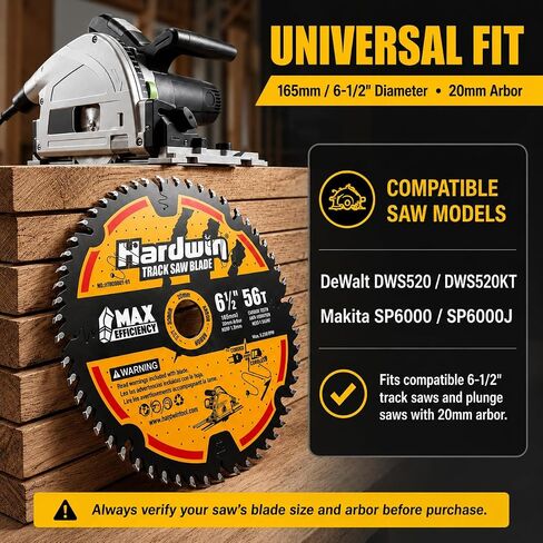 6-1/2" Track Saw Blade 56T 20mm Arbor Thin Kerf | Thin kerf 1.8mm carbide tipped blade for plunge & track saws. Clean cuts on wood, laminate, MDF & plywood. in Kuwait