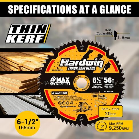 6-1/2" Track Saw Blade 56T 20mm Arbor Thin Kerf | Thin kerf 1.8mm carbide tipped blade for plunge & track saws. Clean cuts on wood, laminate, MDF & plywood. in Kuwait