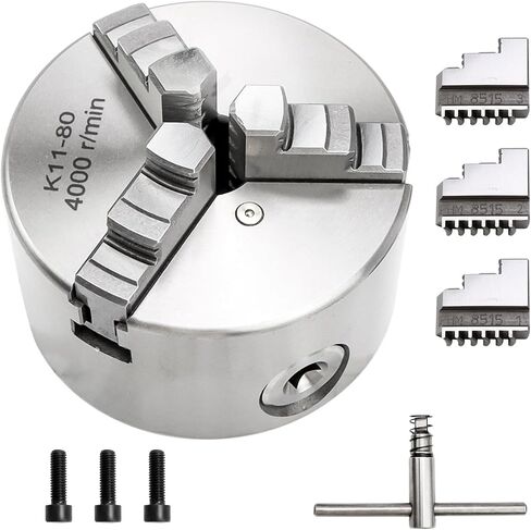 4 inch 3-Jaw Self Centering Lathe Chuck, K11-100 Lathe Chuck, 3500 r/min, 0.08-3.54 in/2-90 mm Clamping Range w/T-key, Fixing Screws, Extra Reversibale Jaws, for Metal Lathe Milling Drilling Machine in Kuwait