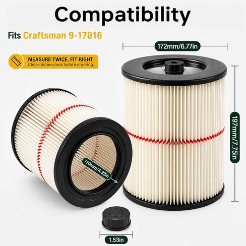 Replacement Filter for Craftsman Shop Vac 17816, Wet Dry Vac, 2 Pack | Compatible with 17816, 9-17816. Fits most 5 Gallon+ wet dry vacuums since 1988. Washable, reusable, and durable in Kuwait