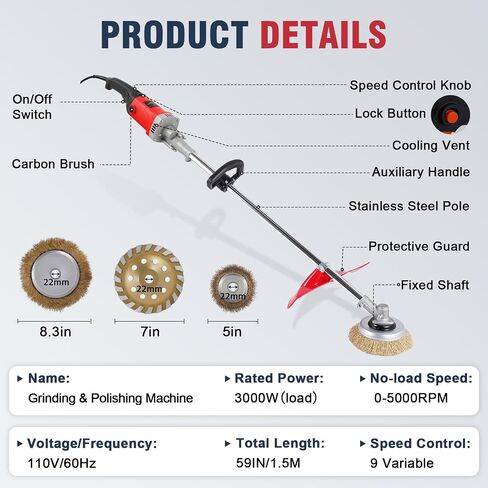 YUCHENGTECH Concrete Grinder & Rust Removal Machine 9-Speed Adjustable For Rust Removal, Concrete and Cement Grinding Suitable for Home Use, Overall Length 59" in Kuwait