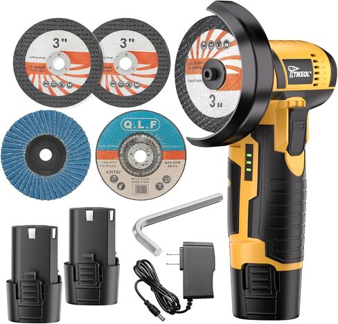 12V Cordless Angle Grinder, 3-Inch Mini Angle Grinder with 19500RPM Pure Copper Motor, 2 x 2000mAh Batteries & Grinding Discs, Lightweight Cutting Tool for Metal & Wood (YELLOW) in Kuwait