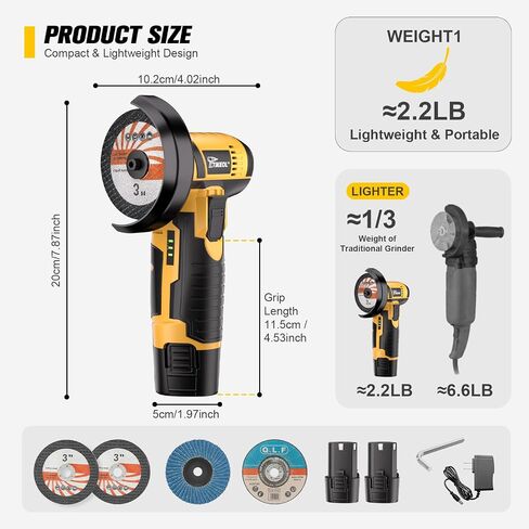 12V Cordless Angle Grinder, 3-Inch Mini Angle Grinder with 19500RPM Pure Copper Motor, 2 x 2000mAh Batteries & Grinding Discs, Lightweight Cutting Tool for Metal & Wood (YELLOW) in Kuwait