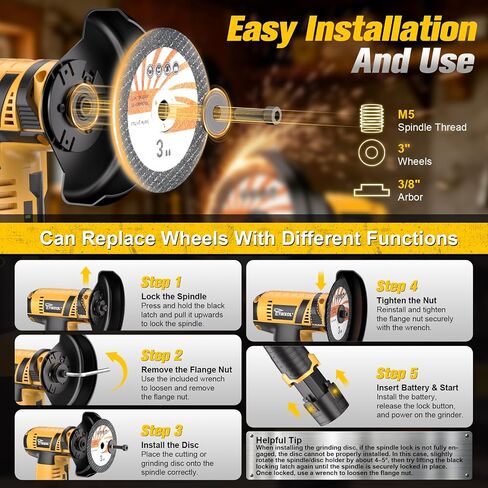 12V Cordless Angle Grinder, 3-Inch Mini Angle Grinder with 19500RPM Pure Copper Motor, 2 x 2000mAh Batteries & Grinding Discs, Lightweight Cutting Tool for Metal & Wood (YELLOW) in Kuwait