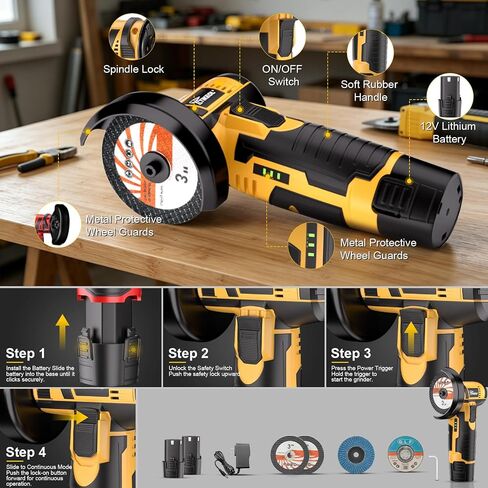 12V Cordless Angle Grinder, 3-Inch Mini Angle Grinder with 19500RPM Pure Copper Motor, 2 x 2000mAh Batteries & Grinding Discs, Lightweight Cutting Tool for Metal & Wood (YELLOW) in Kuwait