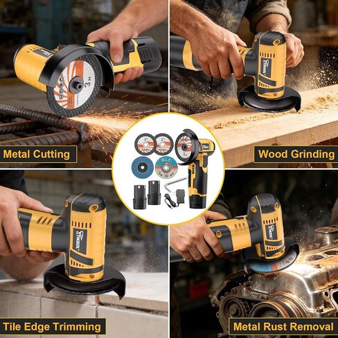 12V Cordless Angle Grinder, 3-Inch Mini Angle Grinder with 19500RPM Pure Copper Motor, 2 x 2000mAh Batteries & Grinding Discs, Lightweight Cutting Tool for Metal & Wood (YELLOW) in Kuwait