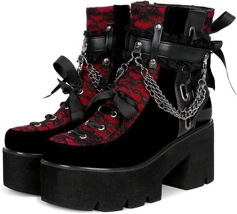 Parisuit Womens Victorian Lace Platform Goth Boots Punk Ankle Boots | Lace-Up, Chunky High Heels, Chain Combat Booties in Kuwait