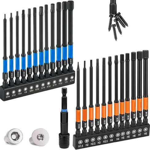 Allen Wrench Drill Bit Set 25pcs Hex Bit Set, Impact Driver Bit Set, Screwdriver Bit Set, Allen Wrenches Sets, 4" Long Metric&SAE 1/4" Hex Shank Magnetic Allen Key Drill Bits Sets with Storage Box in Kuwait