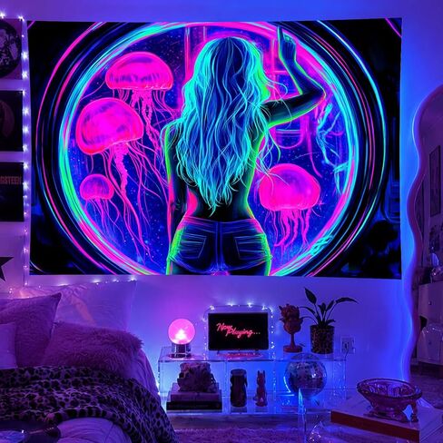 BlissYard Blacklight Medusa Tapestry Trippy UV Reactive Psychedelic Neon Space Tapestry Wall Black Light Tapestries Posters Wall Hanging for Backdrop Bedroom Dorm Living Room Decor 59 X 78 inch in Saudi Arabia
