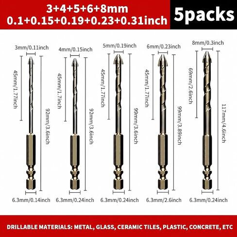 5PCS Tile Drill Bit Set, Masonry Drill Bits Carbide Tip, Concrete Glass Ceramic Drill Bit Set for Precise Drilling, Hex Shank Cross Head Design for Tile Brick Wood DIY Home Use in Kuwait