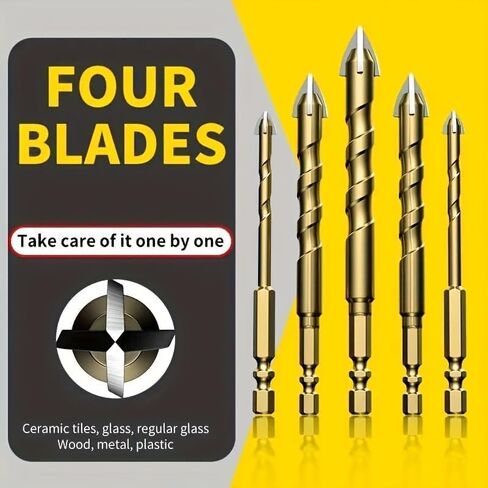 5PCS Tile Drill Bit Set, Masonry Drill Bits Carbide Tip, Concrete Glass Ceramic Drill Bit Set for Precise Drilling, Hex Shank Cross Head Design for Tile Brick Wood DIY Home Use in Kuwait