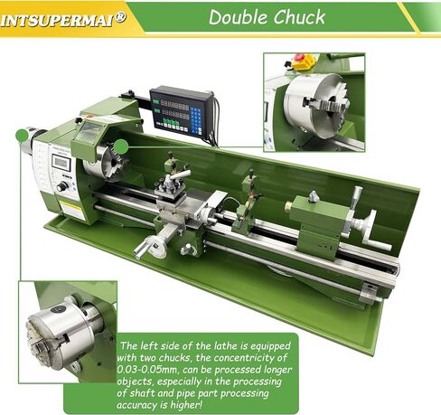 INTSUPERMAI Mini Metal Lathe 8"*29.5" Dual Chuck Double Head Metal Lathe Inch Thread Auto Feed MT3/MT2 Tapers High Accuracy With Grating Ruler Digital Readout 110V in Kuwait