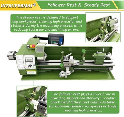 INTSUPERMAI Mini Metal Lathe 8"*29.5" Dual Chuck Double Head Metal Lathe Inch Thread Auto Feed MT3/MT2 Tapers High Accuracy With Grating Ruler Digital Readout 110V in Kuwait